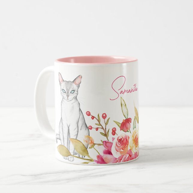 Caneca De Café Em Dois Tons Gato e Flores Personalizadas, Rosa e Branco (Frente Esquerda)