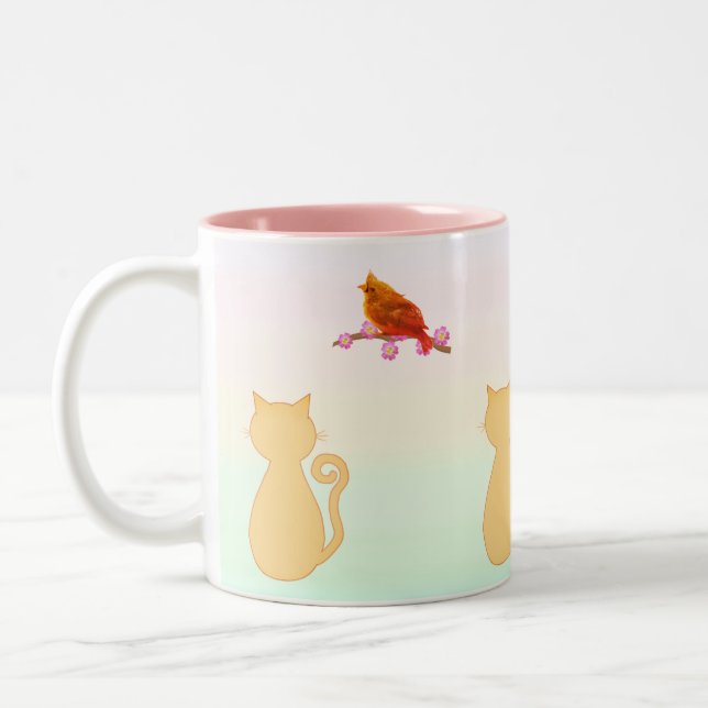 Caneca De Café Em Dois Tons Gato e Pássaro Vermelho (Esquerda)