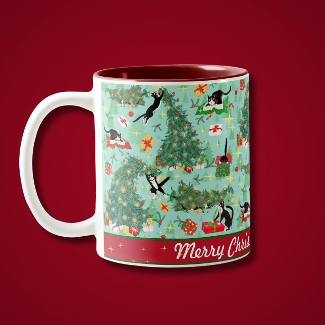 Caneca De Café Em Dois Tons Gato Engraçado e Árvore de Natal Personalizada (Funny Cats topple the Christmas Tree on this cute Personalized holiday mug)