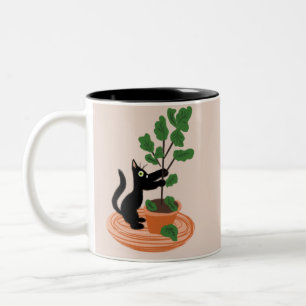 Caneca De Café Em Dois Tons Gato engraçado figueira plantas em vaso Desenhado