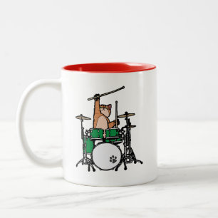 Caneca De Café Em Dois Tons Gato Engraçado Jogando Tambores, Baterista De Gato
