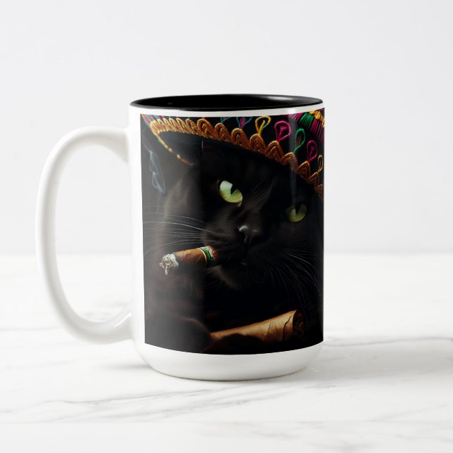 Caneca De Café Em Dois Tons Gato engraçado usando Sombrero  (Esquerda)