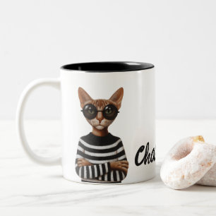 Caneca De Café Em Dois Tons Gato Estiloso Com Óculos Redondos