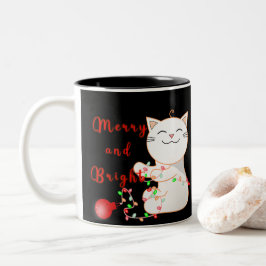 Caneca De Café Em Dois Tons Gato Feliz Brincando Com Luz LED | Festa de Natal