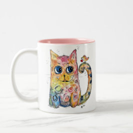Caneca De Café Em Dois Tons Gato Feliz e Caprichoso com Pássaro