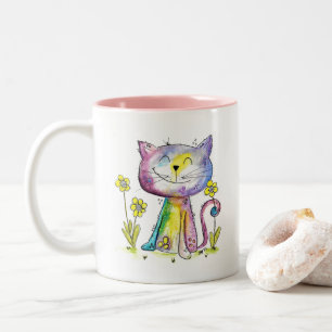 Caneca De Café Em Dois Tons Gato Feliz Esbranquiçado e Bonito com Flores Amar