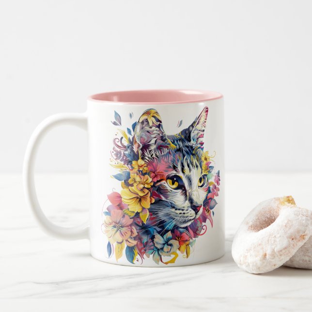 Caneca De Café Em Dois Tons Gato Floral (Com Donut)