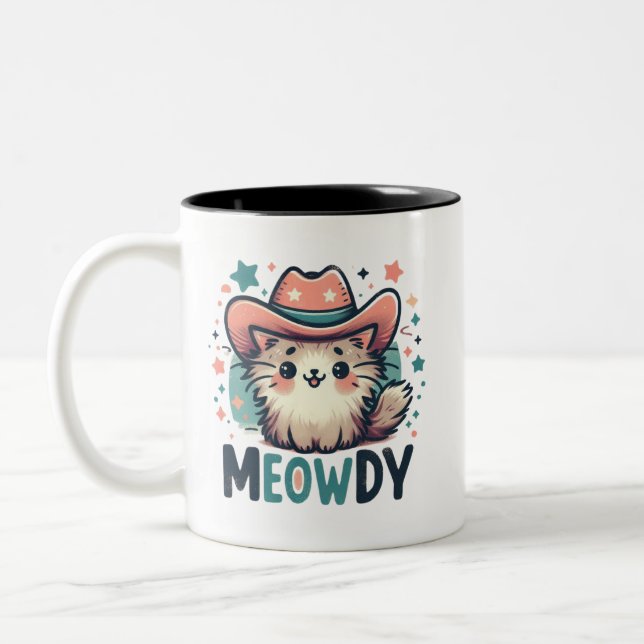 Caneca De Café Em Dois Tons Gato fofo de vaqueiro Meowdy Cactus (Esquerda)
