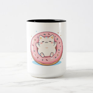 Caneca De Café Em Dois Tons Gato Fofo em Design Kawaii de Donut Doce