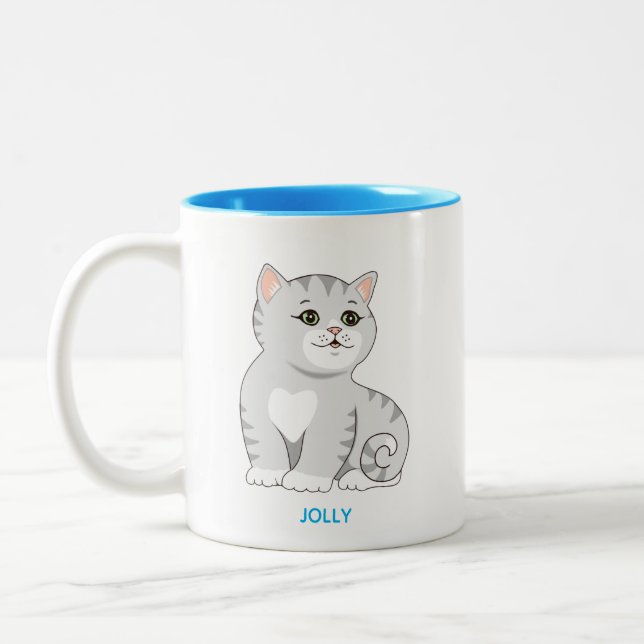 Caneca De Café Em Dois Tons Gato Gata Cinza Prateado Tabby & Texto Personaliza (Esquerda)