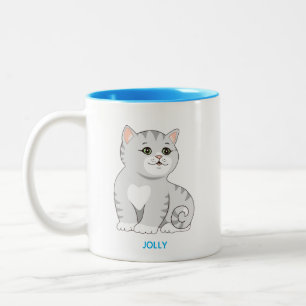 Caneca De Café Em Dois Tons Gato Gata Tabby Cinza Prata & Texto Personalizado 