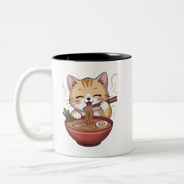 Caneca De Café Em Dois Tons Gato Kawaii Comendo Ramen (Esquerda)