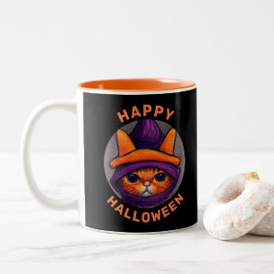 Caneca De Café Em Dois Tons Gato Laranja com Chapéu de Bruxa Roxo