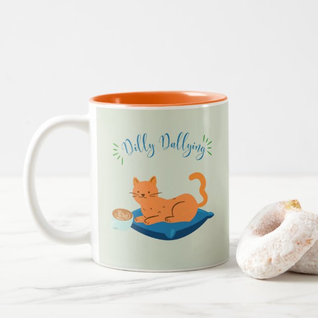 Caneca De Café Em Dois Tons Gato Laranja Devagar (Com Donut)
