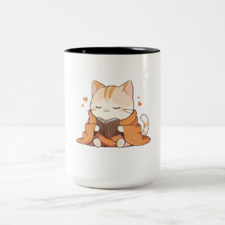 Caneca De Café Em Dois Tons Gato Leitor Aconchegante Kawaii Design de Gatinho