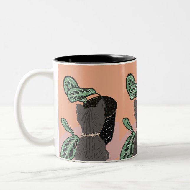 Caneca De Café Em Dois Tons Gato Listrado Cinza Plantas  (Esquerda)