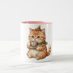 Caneca De Café Em Dois Tons Gato Mágico Fofo Bebendo Chá Aquarela Vintage Ar