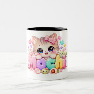 Caneca De Café Em Dois Tons Gato Mochi Kawaii Fofo Nome Rosa Pastel Brilhante