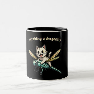 Caneca De Café Em Dois Tons Gato Montando Libélula Arte de Gato Presente para 