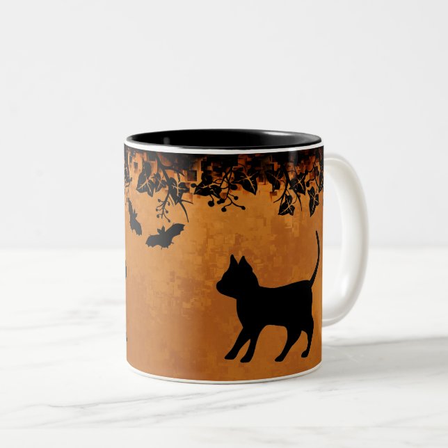 Caneca De Café Em Dois Tons Gato Negro com Bat, Feliz Dia das Bruxas (Frente Esquerda)