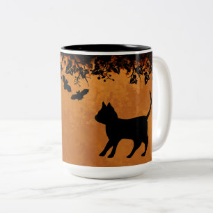 Caneca De Café Em Dois Tons Gato Negro com Bat, Feliz Dia das Bruxas