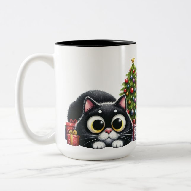 CANECA DE CAFÉ EM DOIS TONS GATO NEGRO CUTO COM ÁRVORE DE NATAL (Esquerda)