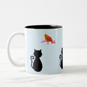 Caneca De Café Em Dois Tons Gato Negro e Pássaro Vermelho