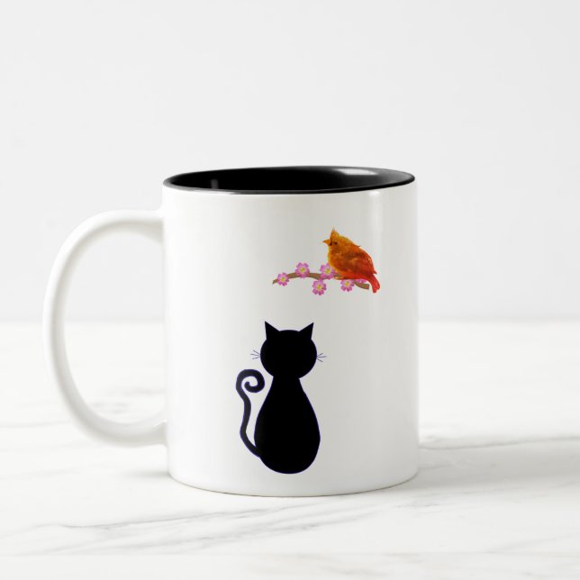 Caneca De Café Em Dois Tons Gato Negro e Pássaro Vermelho (Esquerda)