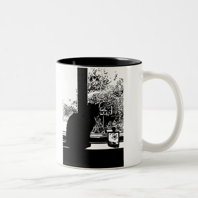 Caneca De Café Em Dois Tons Gato negro na janela (Direita)