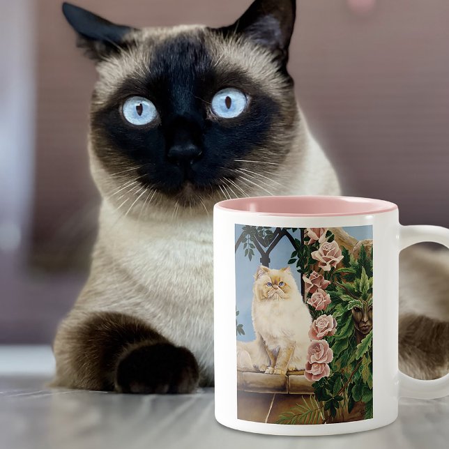 Caneca De Café Em Dois Tons Gato Persa Creme Enfeitiçante Rosa Floresta Dríade (Criador carregado)