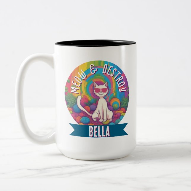 Caneca De Café Em Dois Tons Gato Personalizado Meow & Destroy Psicodélico  (Esquerda)