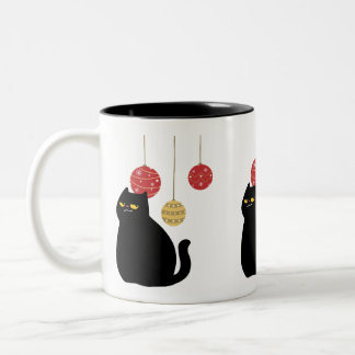 Caneca De Café Em Dois Tons Gato Preto com Enfeites de natal