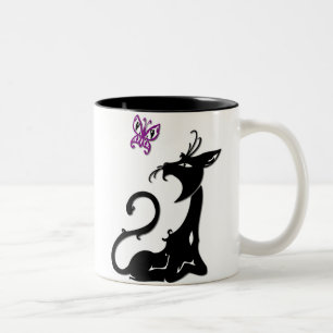 Caneca De Café Em Dois Tons Gato Preto com Lata de Borboleta Roxa