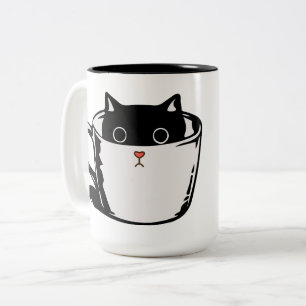 Caneca De Café Em Dois Tons Gato preto com nariz vermelho escondido em um copo