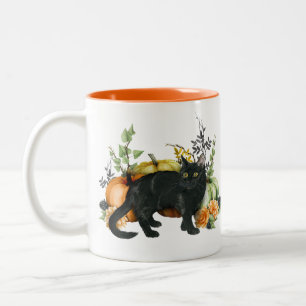 Caneca De Café Em Dois Tons Gato Preto de Abóbora em Aquarela de Halloween