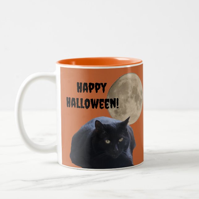 Caneca De Café Em Dois Tons Gato Preto de Lua Completa do Halloween (Esquerda)