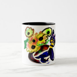 Caneca De Café Em Dois Tons Gato Preto e Girassóis 