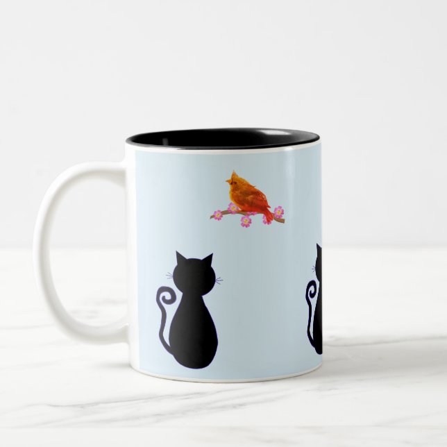 Caneca De Café Em Dois Tons Gato Preto e Pássaro Vermelho (Esquerda)