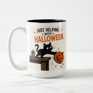 Caneca De Café Em Dois Tons Gato Preto Engraçado Derrubando Abóbora de Hallowe