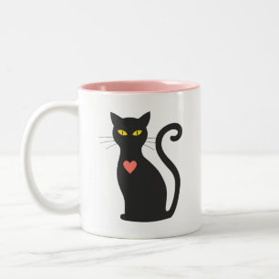 Caneca De Café Em Dois Tons Gato preto fofo & coração rosa