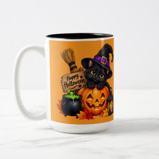 Caneca De Café Em Dois Tons Gato Preto Fofo & Desenho de Halloween de Abóbora