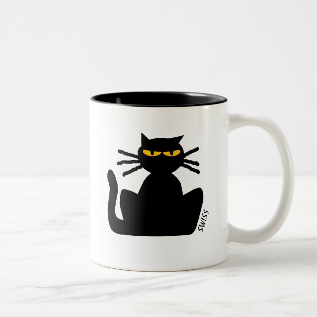 Caneca De Café Em Dois Tons Gato Preto Fussy com Olhos Amber Sentados (Direita)