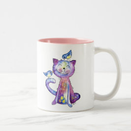 Caneca De Café Em Dois Tons Gato Roxo Caprichoso Fofo com Pássaros