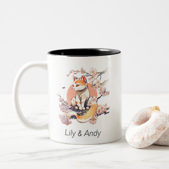 Caneca De Café Em Dois Tons Gato Sakura | Estilo de Anime Japanês (Com Donut)