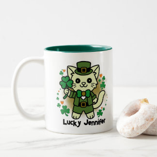Caneca De Café Em Dois Tons Gato segurando um trevo de quatro folhas com nome 