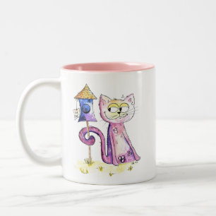 Caneca De Café Em Dois Tons Gato Sneaky Bastante Bestial com Birdhouse