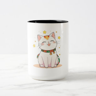 Caneca De Café Em Dois Tons Gato Sortudo com Estrelas Design Kawaii