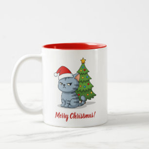 Caneca De Café Em Dois Tons Gato Tabby Cinza Mal-Humorado Chapéu Vermelho Árvo