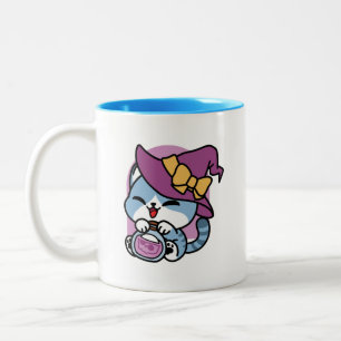 Caneca De Café Em Dois Tons Gato Tabby de Halloween – Chapéu de Bruxa e Arte d