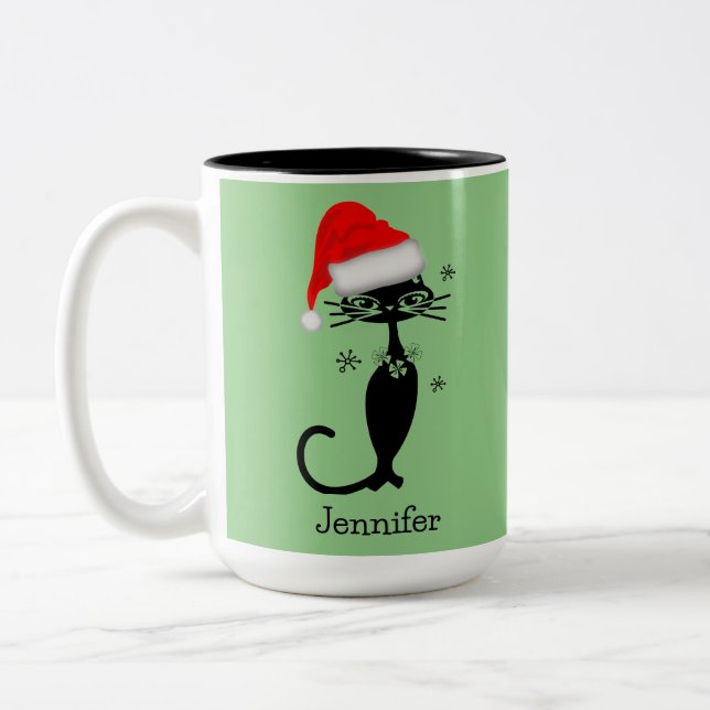 Caneca De Café Em Dois Tons Gato Verde de Pescoço Comprido Natal Retro (Esquerda)